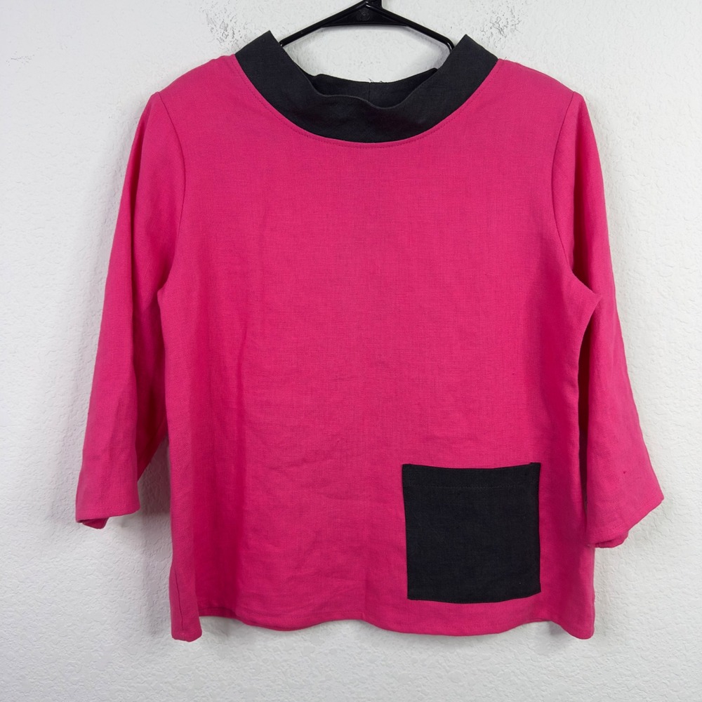 Allie Coosh Shirt XLP Pink Black Linen Colorblock Artsy Lagonlook‎ Minimalist